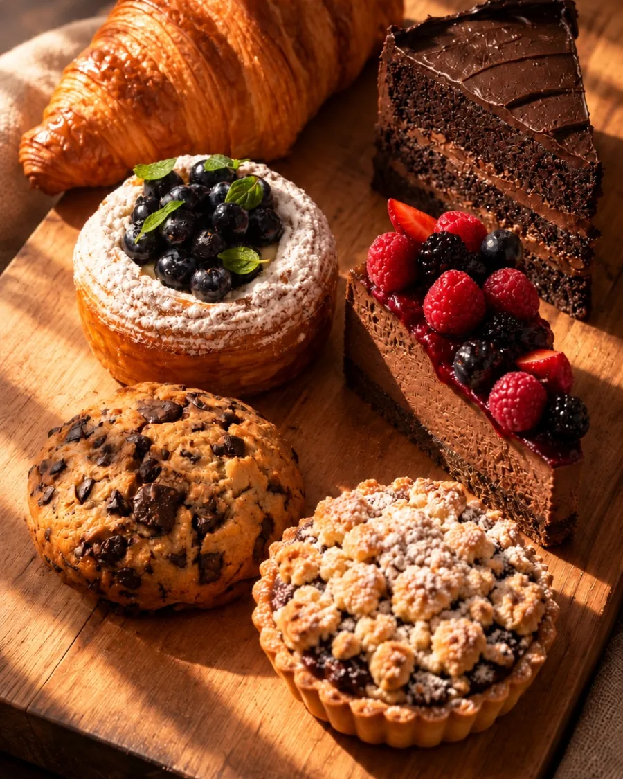Croissant, danés de arándanos, una rebanada de pastel de chocolate, otra de chocolate con frutos rojos, galleta y tarta de manzana sobre una tabla de madera