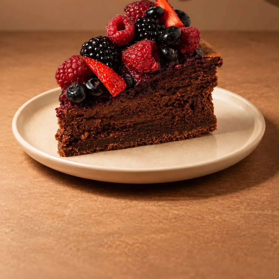 Rebanada de pastel de chocolate con frutos rojos